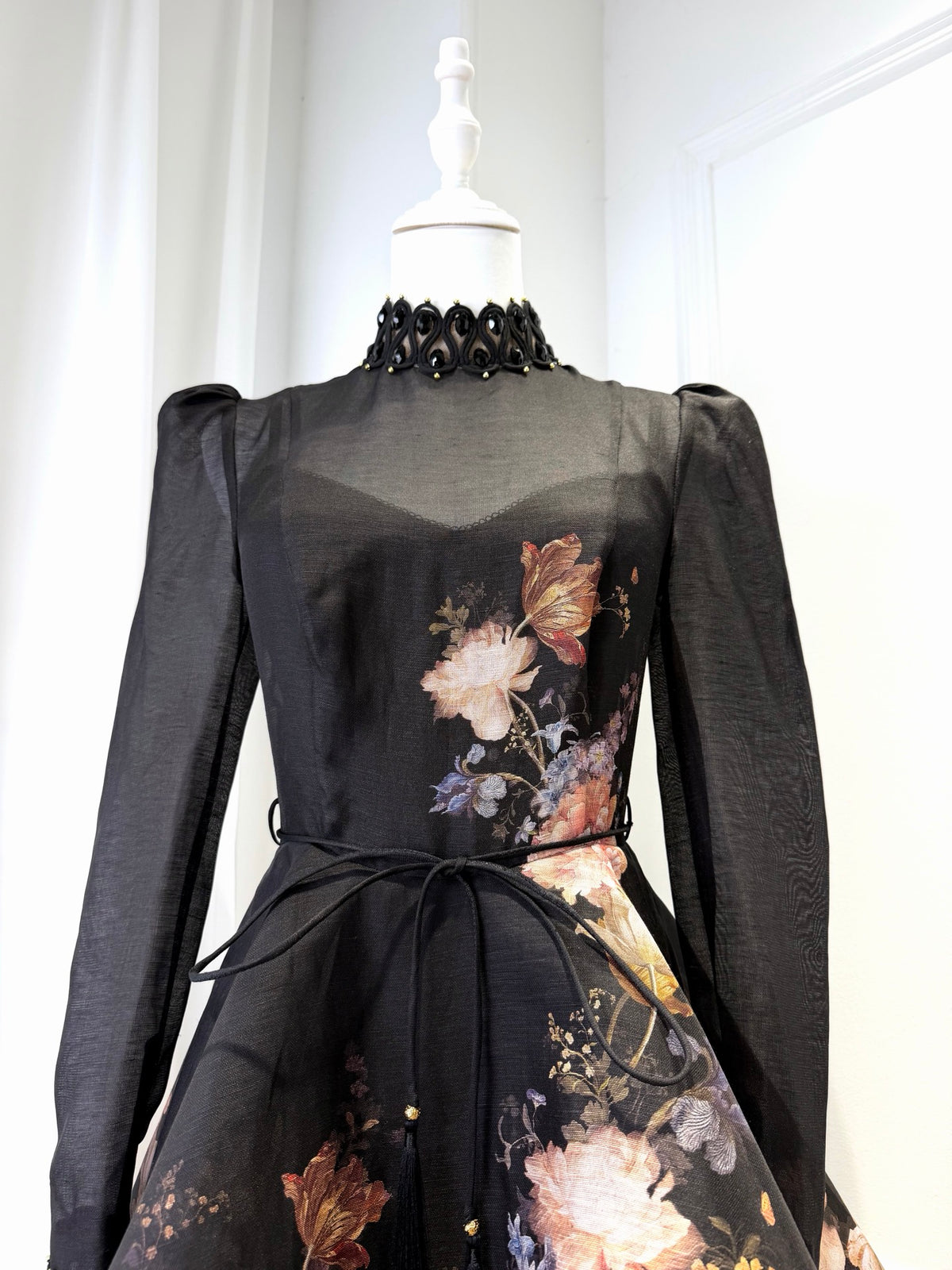 Black Printed Silk Linen Long-sleeve Mini Dress
