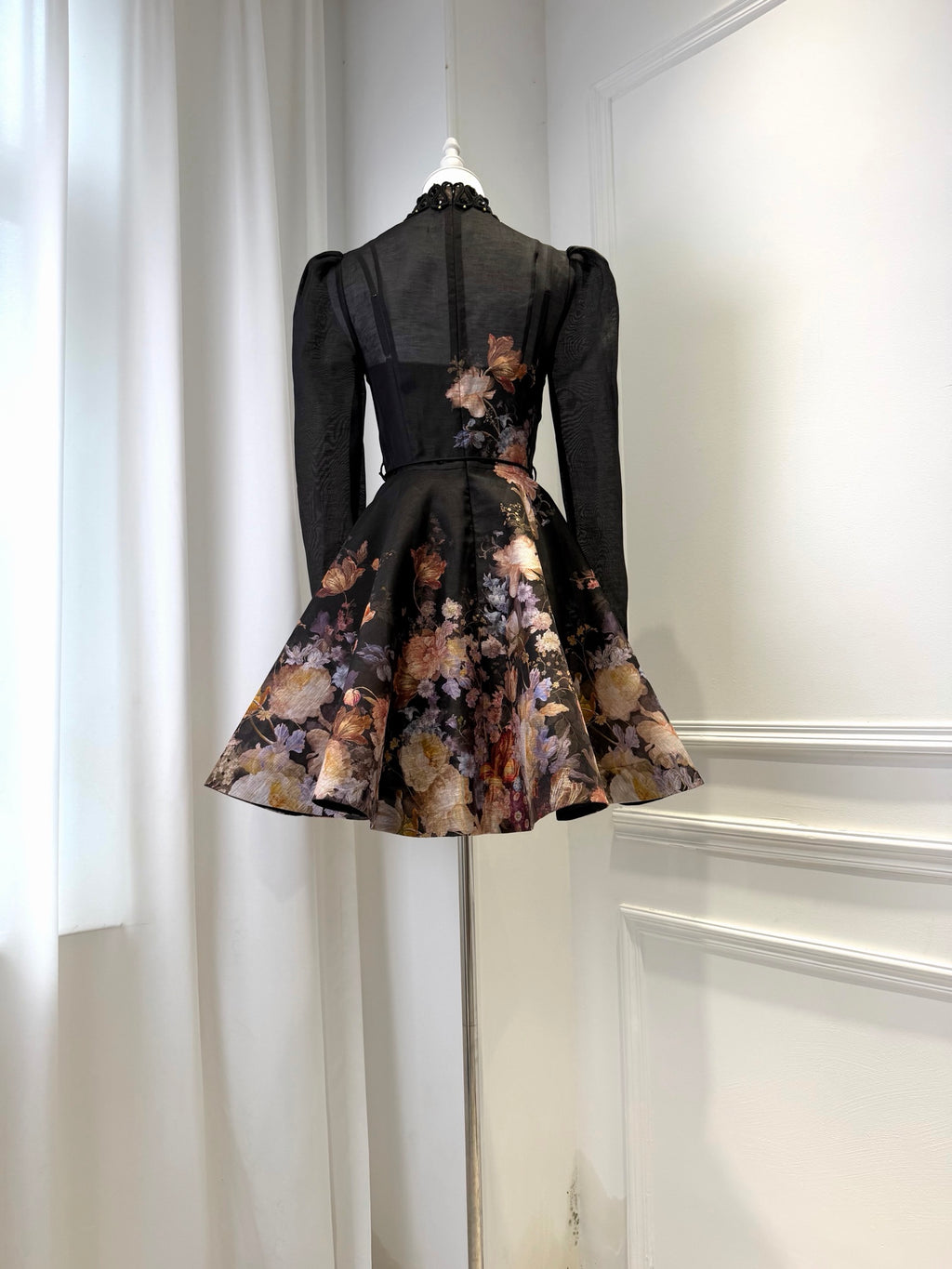Black Printed Silk Linen Long-sleeve Mini Dress