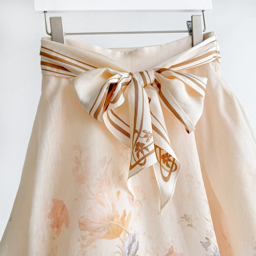 Elegant Pinted silk-linen Blouse and Skirt Two Piece Set