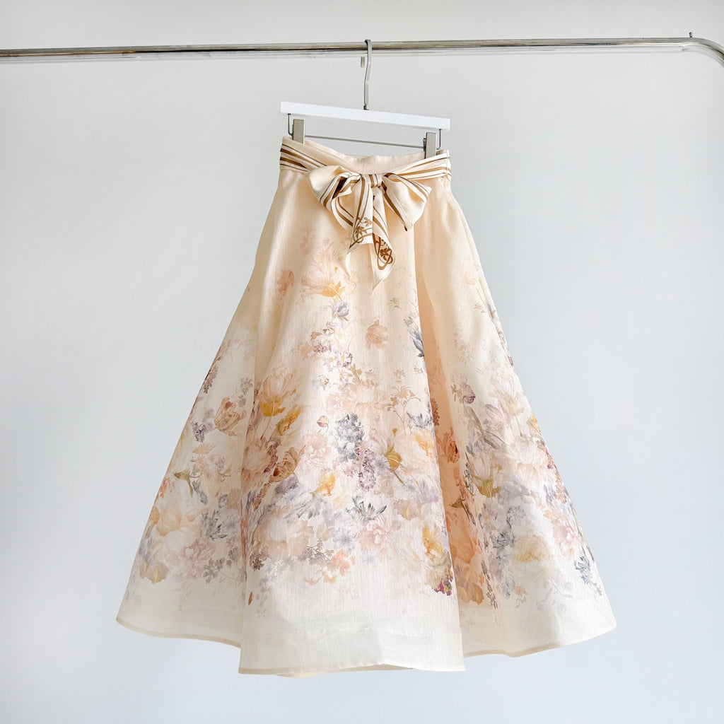 Elegant Pinted silk-linen Blouse and Skirt Two Piece Set