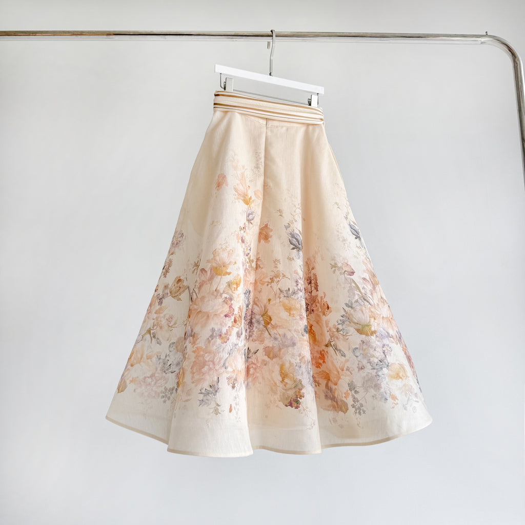Elegant Pinted silk-linen Blouse and Skirt Two Piece Set