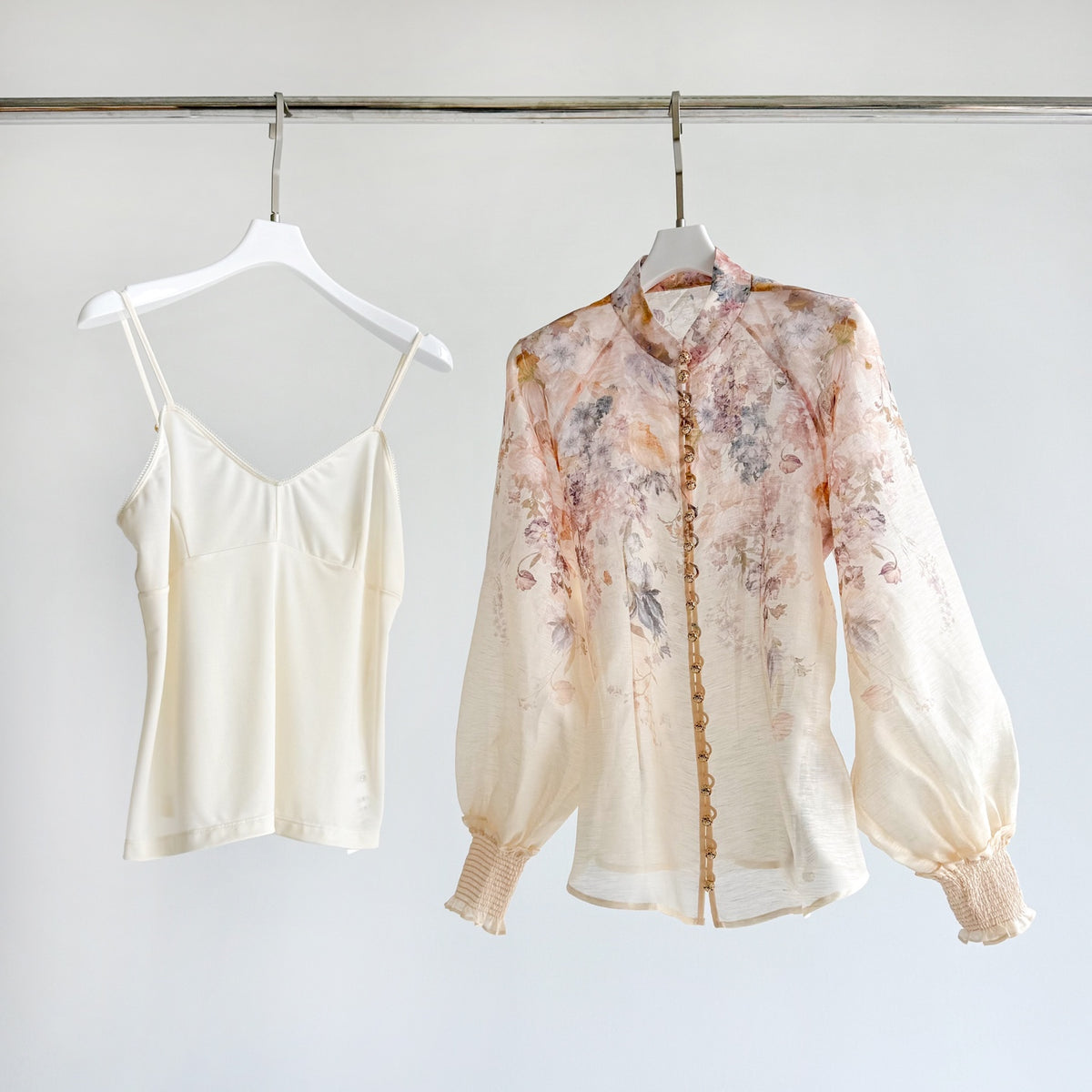 Elegant Pinted silk-linen Blouse and Skirt Two Piece Set