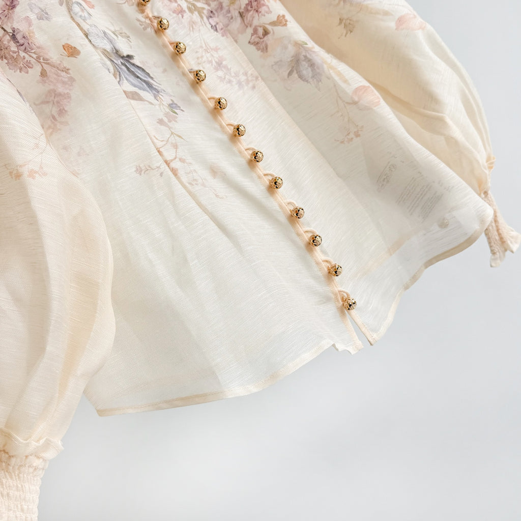 Elegant Pinted silk-linen Blouse and Skirt Two Piece Set
