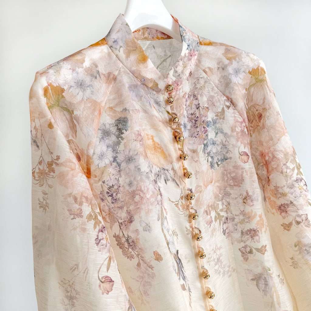 Elegant Pinted silk-linen Blouse and Skirt Two Piece Set