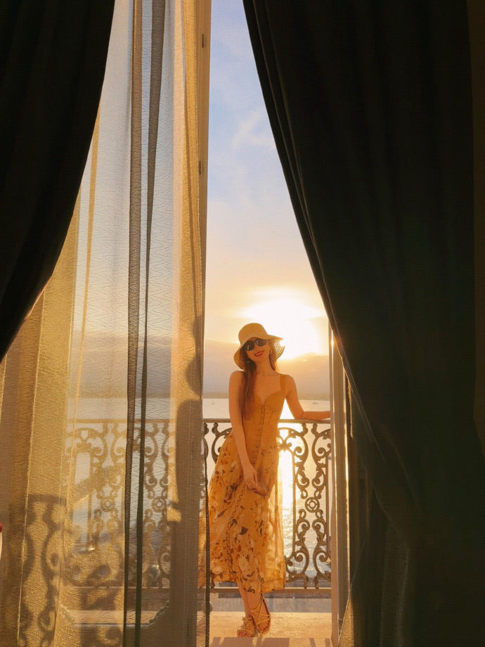 Yellow Printed Linen Silk Slip Dress
