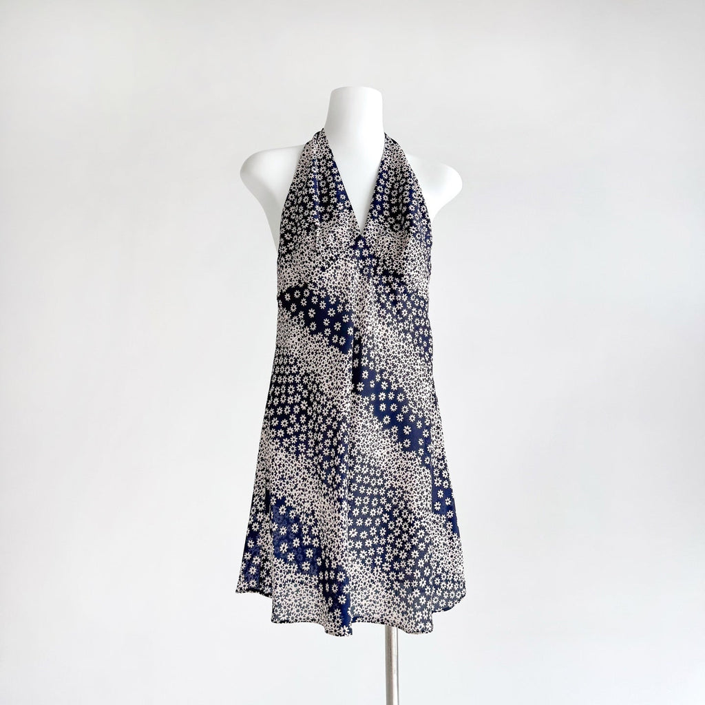 Two Tone Polka Dot Floral Print Halter Neck Irregular Mermaid Hem Maxi Dress
