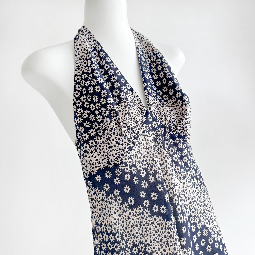 Two Tone Polka Dot Floral Print Halter Neck Irregular Mermaid Hem Maxi Dress