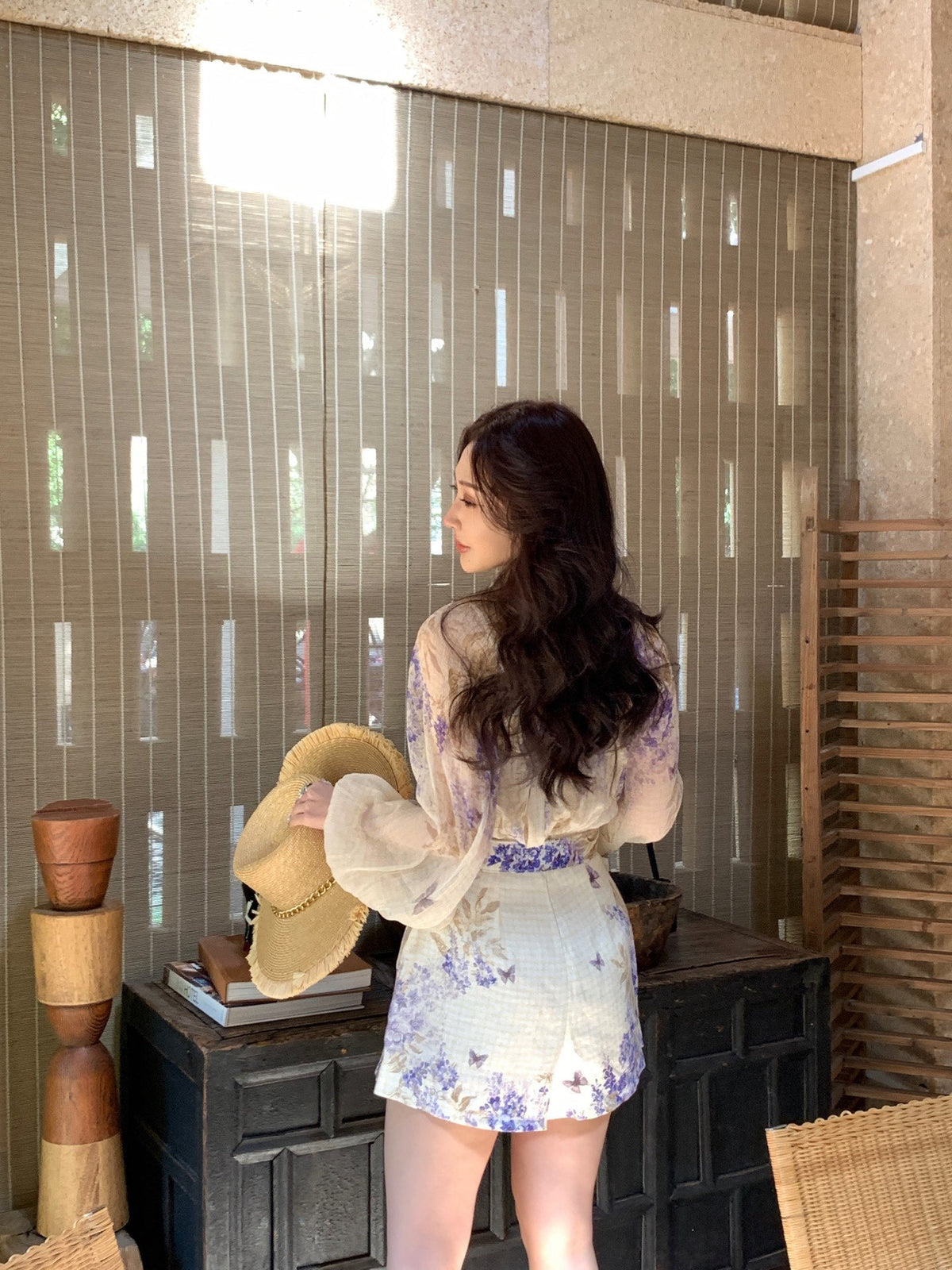 Indigo Wisteria Print Neck Tie Long Sleeve Blouse