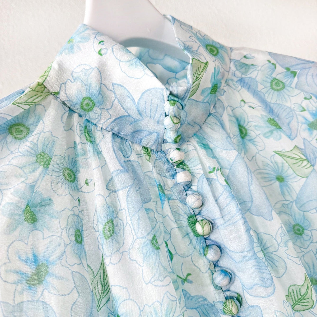 Light Blue Floral Stand Collar Lantern Sleeve Two-Piece Set