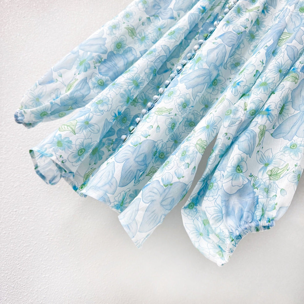 Light Blue Floral Stand Collar Lantern Sleeve Two-Piece Set