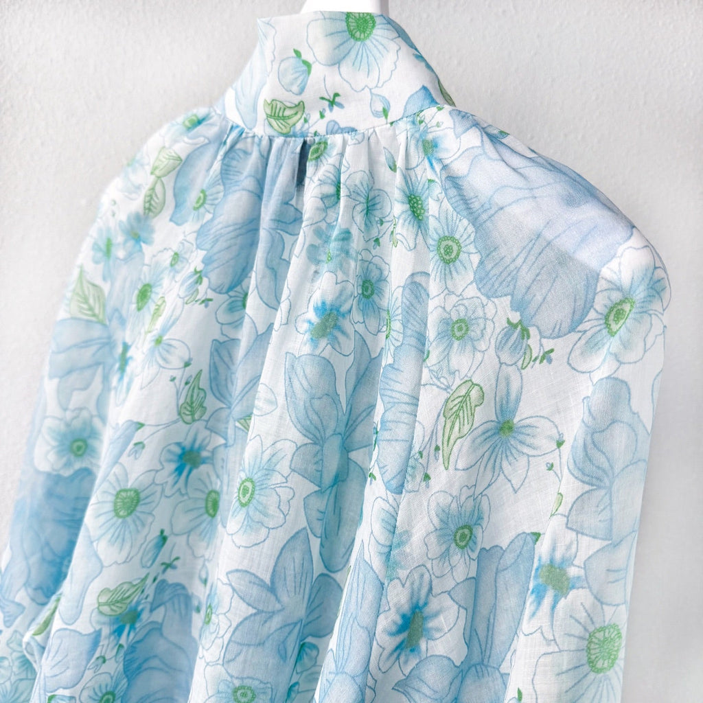 Light Blue Floral Stand Collar Lantern Sleeve Two-Piece Set