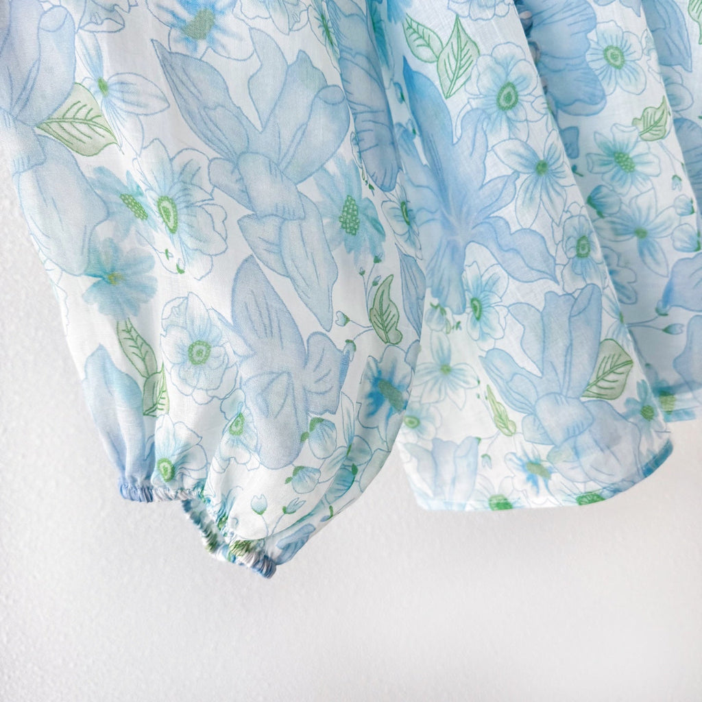 Light Blue Floral Stand Collar Lantern Sleeve Two-Piece Set