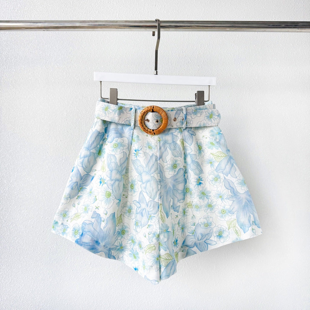 Light Blue Floral Stand Collar Lantern Sleeve Two-Piece Set