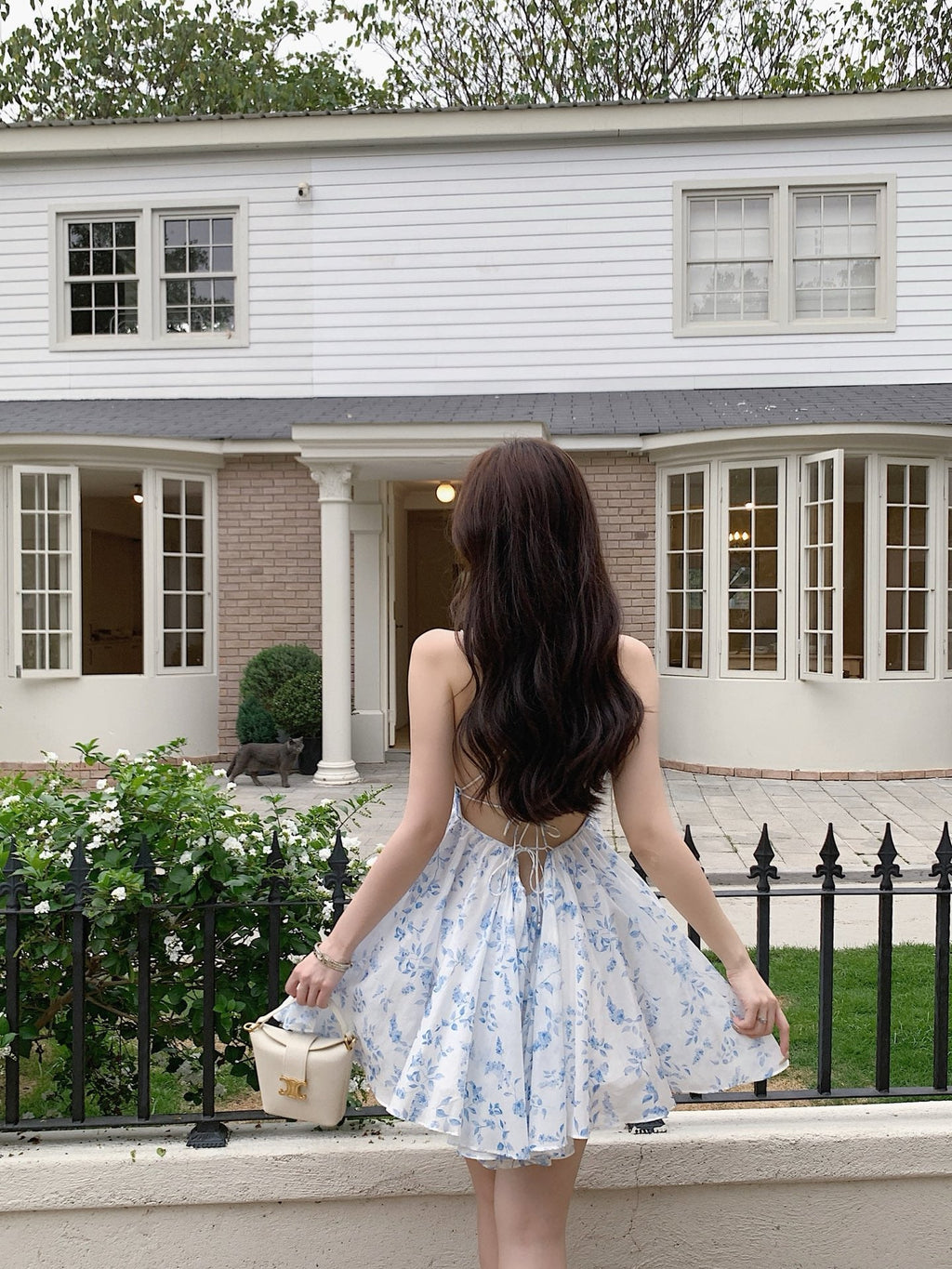 Light Blue White Tiny Floral Print V-Neck Camisole Mini Dress