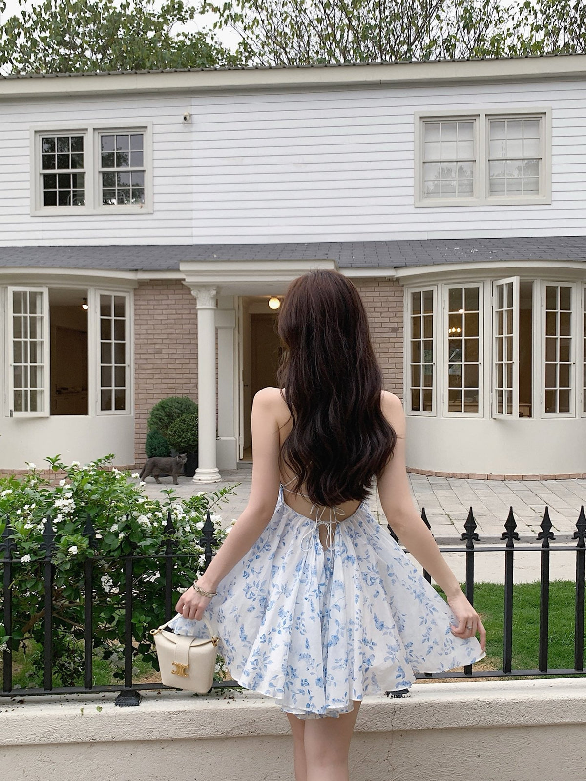 Light Blue White Tiny Floral Print V-Neck Camisole Mini Dress