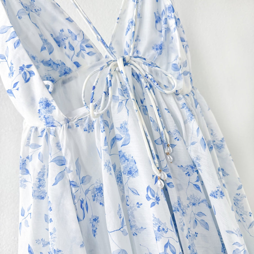 Light Blue White Tiny Floral Print V-Neck Camisole Mini Dress