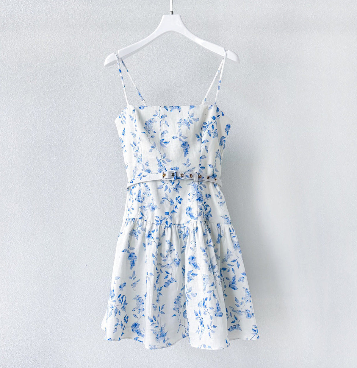 White Base Blue Small Floral Print Belted Camisole Mini Dress