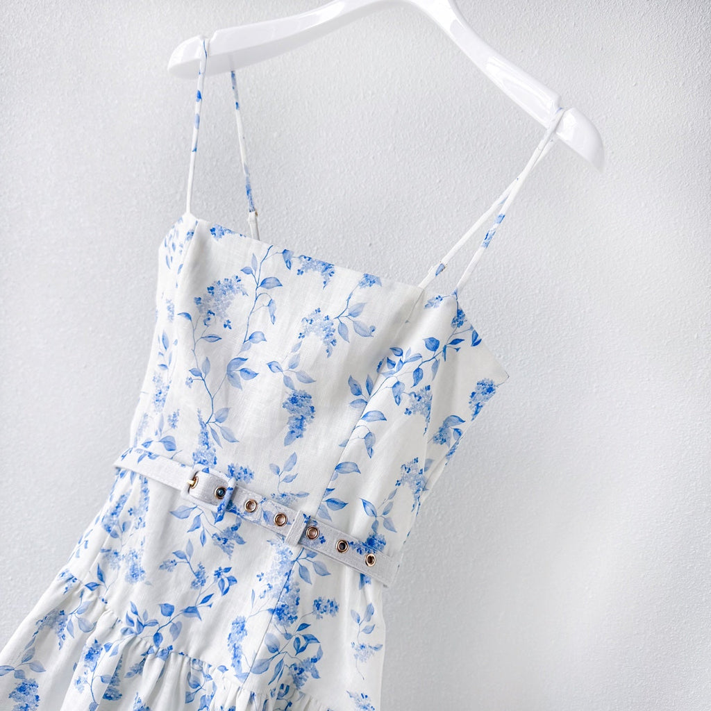 White Base Blue Small Floral Print Belted Camisole Mini Dress