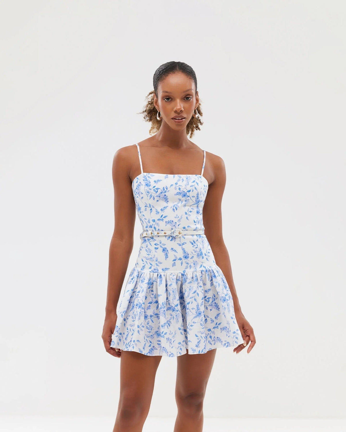 White Base Blue Small Floral Print Belted Camisole Mini Dress