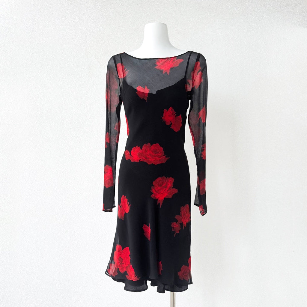 The Celeste Black Base Red Floral Mesh Two-Piece Mini Dress