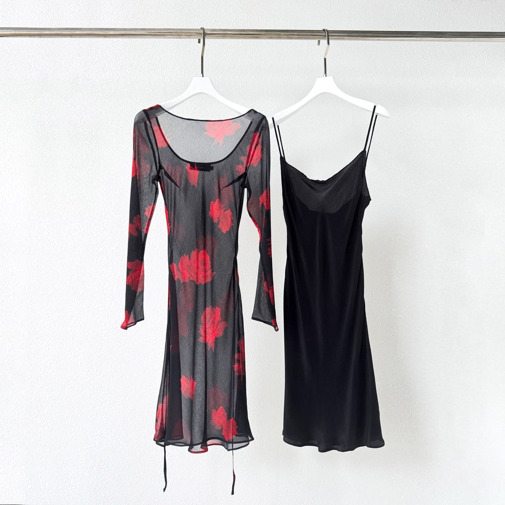 The Celeste Black Base Red Floral Mesh Two-Piece Mini Dress