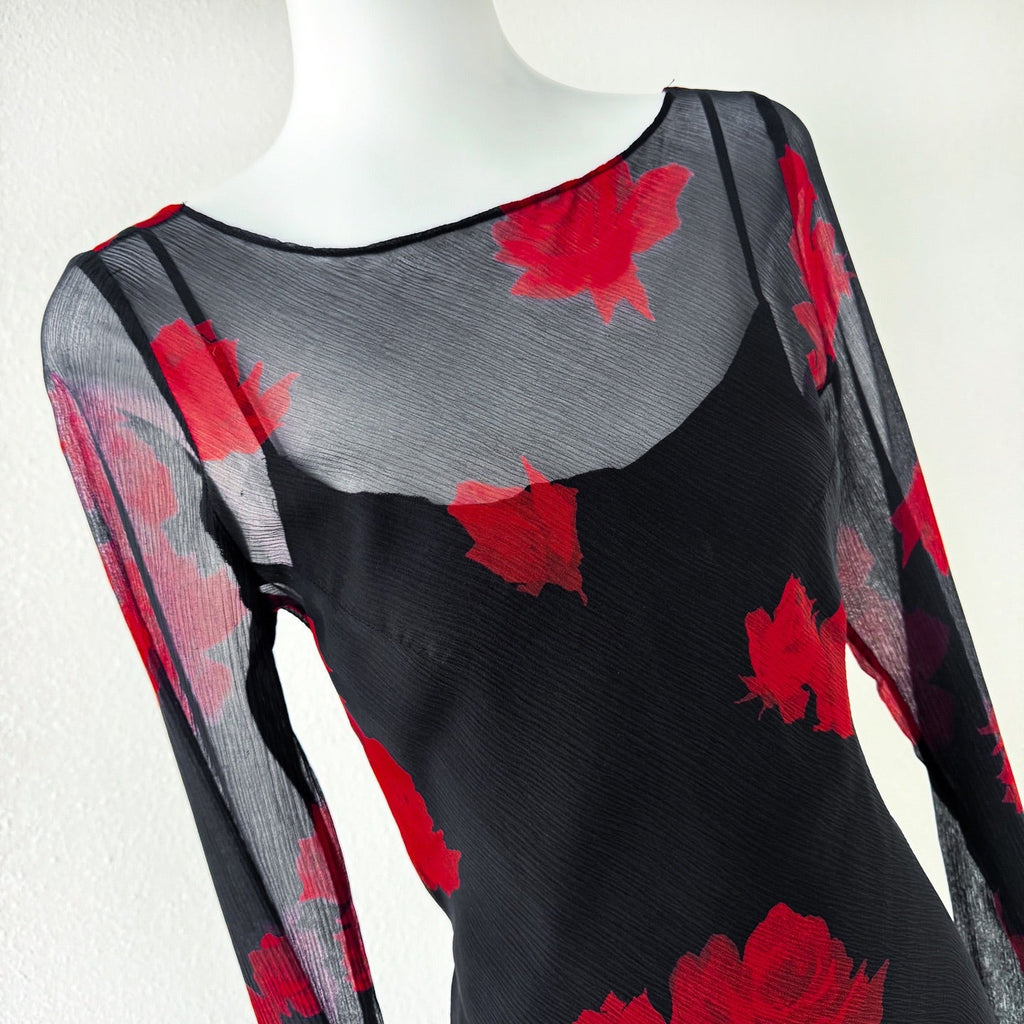 The Celeste Black Base Red Floral Mesh Two-Piece Mini Dress