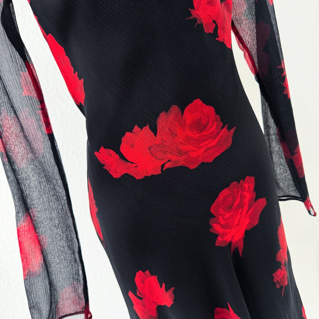 The Celeste Black Base Red Floral Mesh Two-Piece Mini Dress