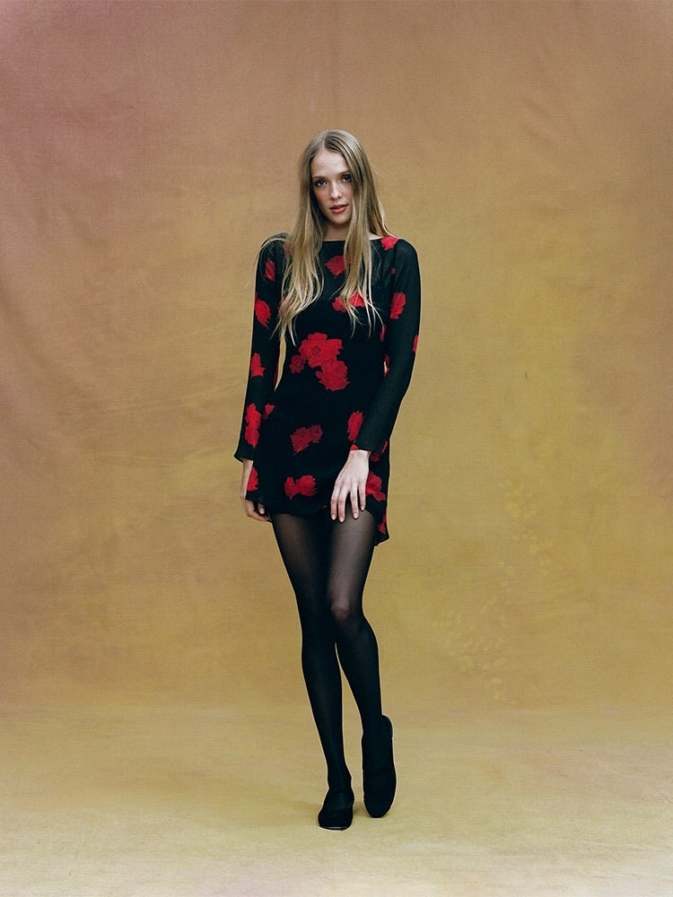 The Celeste Black Base Red Floral Mesh Two-Piece Mini Dress