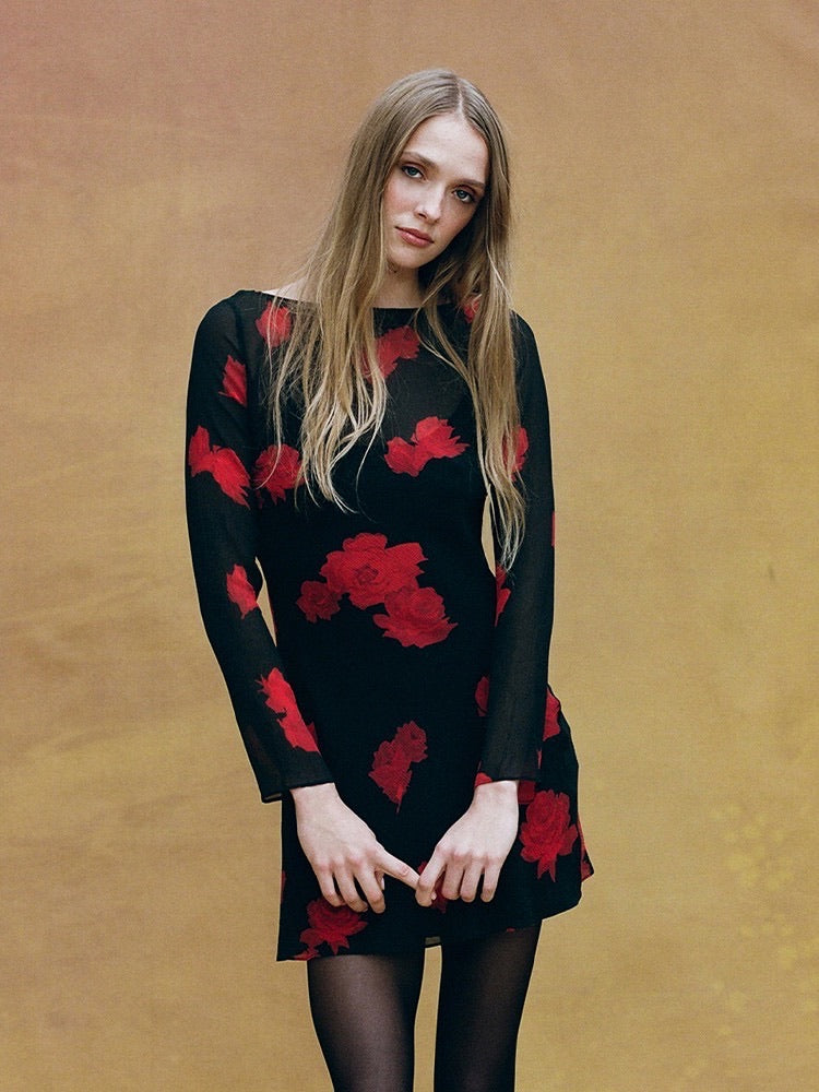 The Celeste Black Base Red Floral Mesh Two-Piece Mini Dress