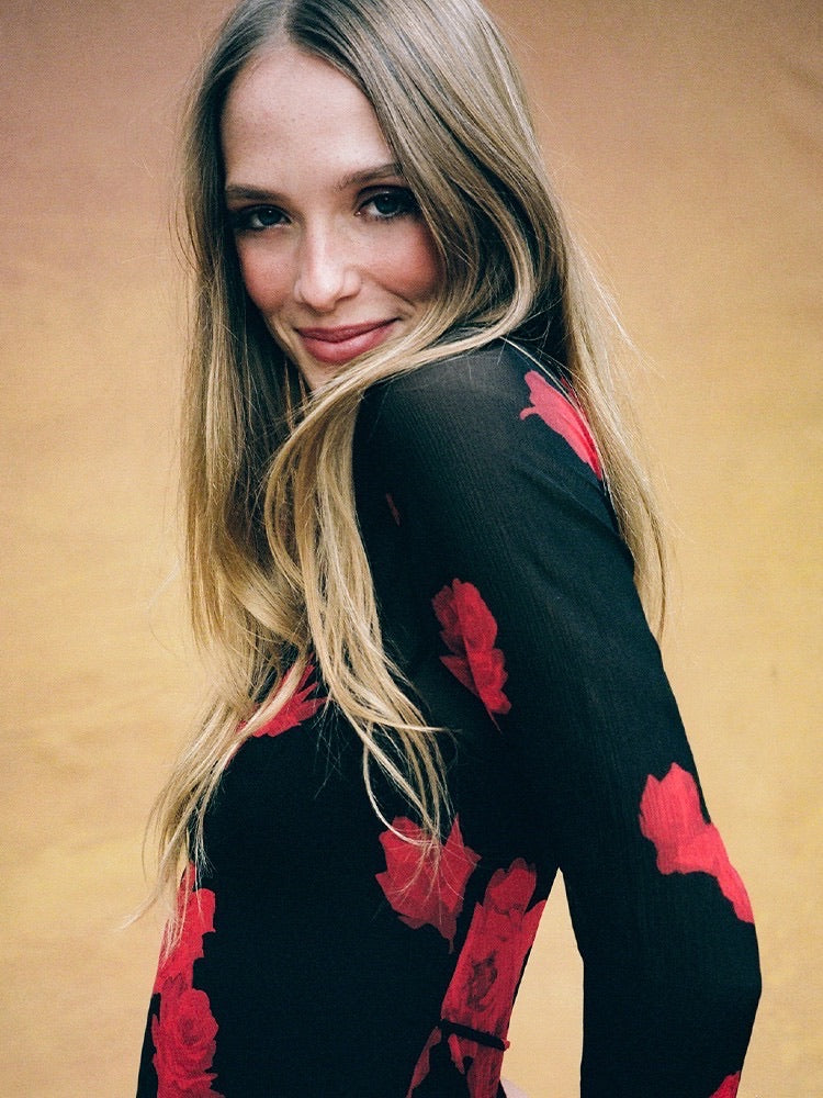 The Celeste Black Base Red Floral Mesh Two-Piece Mini Dress