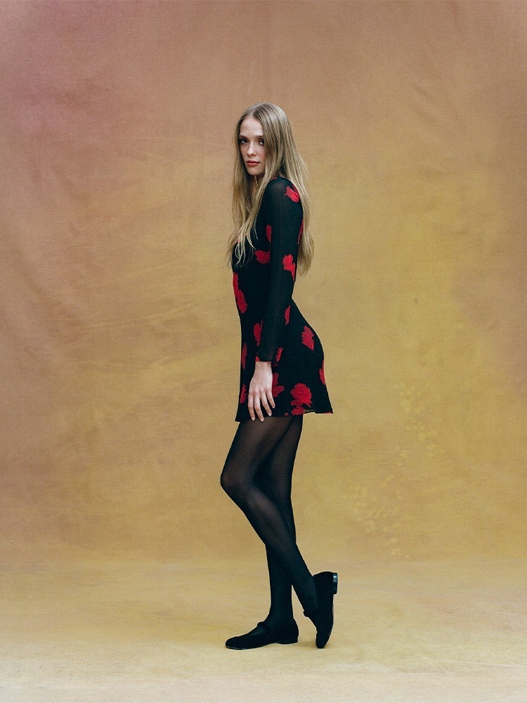 The Celeste Black Base Red Floral Mesh Two-Piece Mini Dress