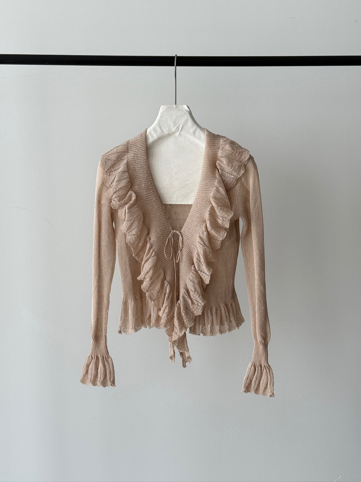Ruffled V‑Neck Flare‑Sleeve Cardigan