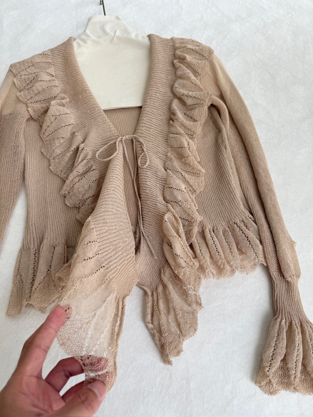 Ruffled V‑Neck Flare‑Sleeve Cardigan